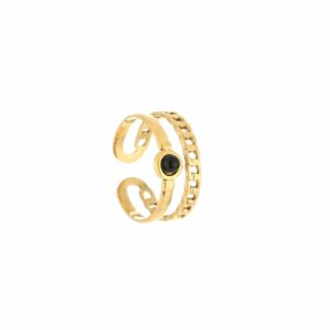 JE12870 2 laagse ring met schakel en steen zwart – goud